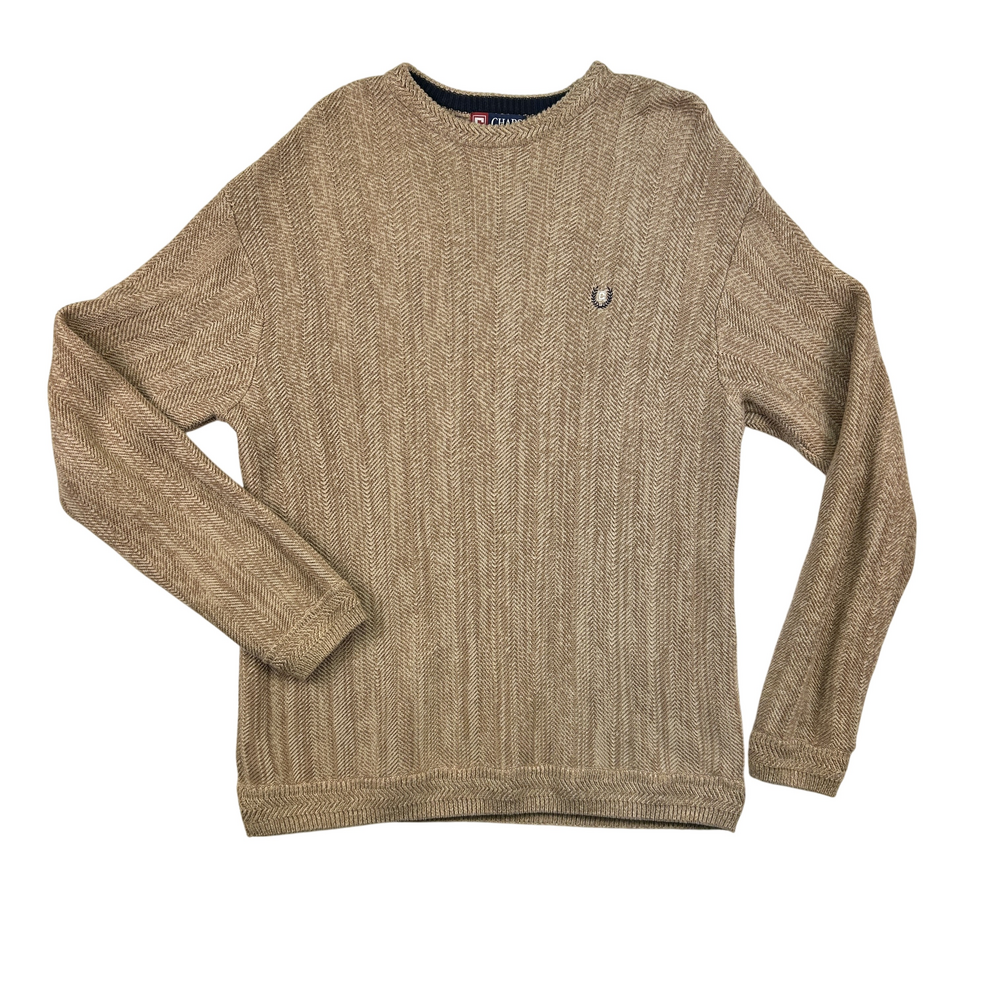 Chaps Sweater Mens Large Beige Crew Neck Herringbone Knit Pullover Casual